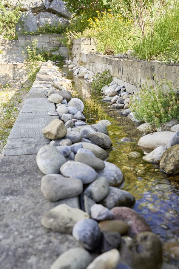 Wasserlauf im ökologischen Garten.