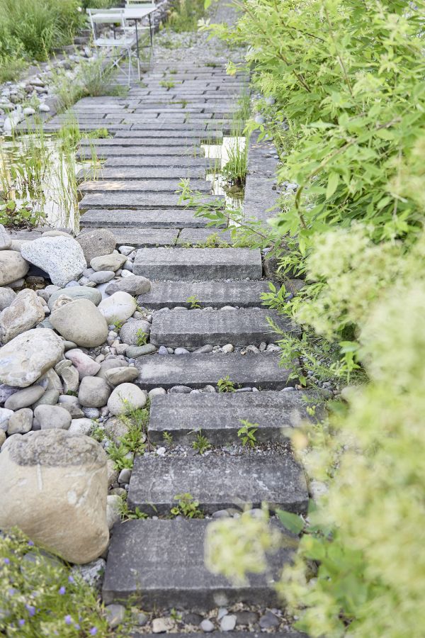 Natürliche Treppe im Biogarten.